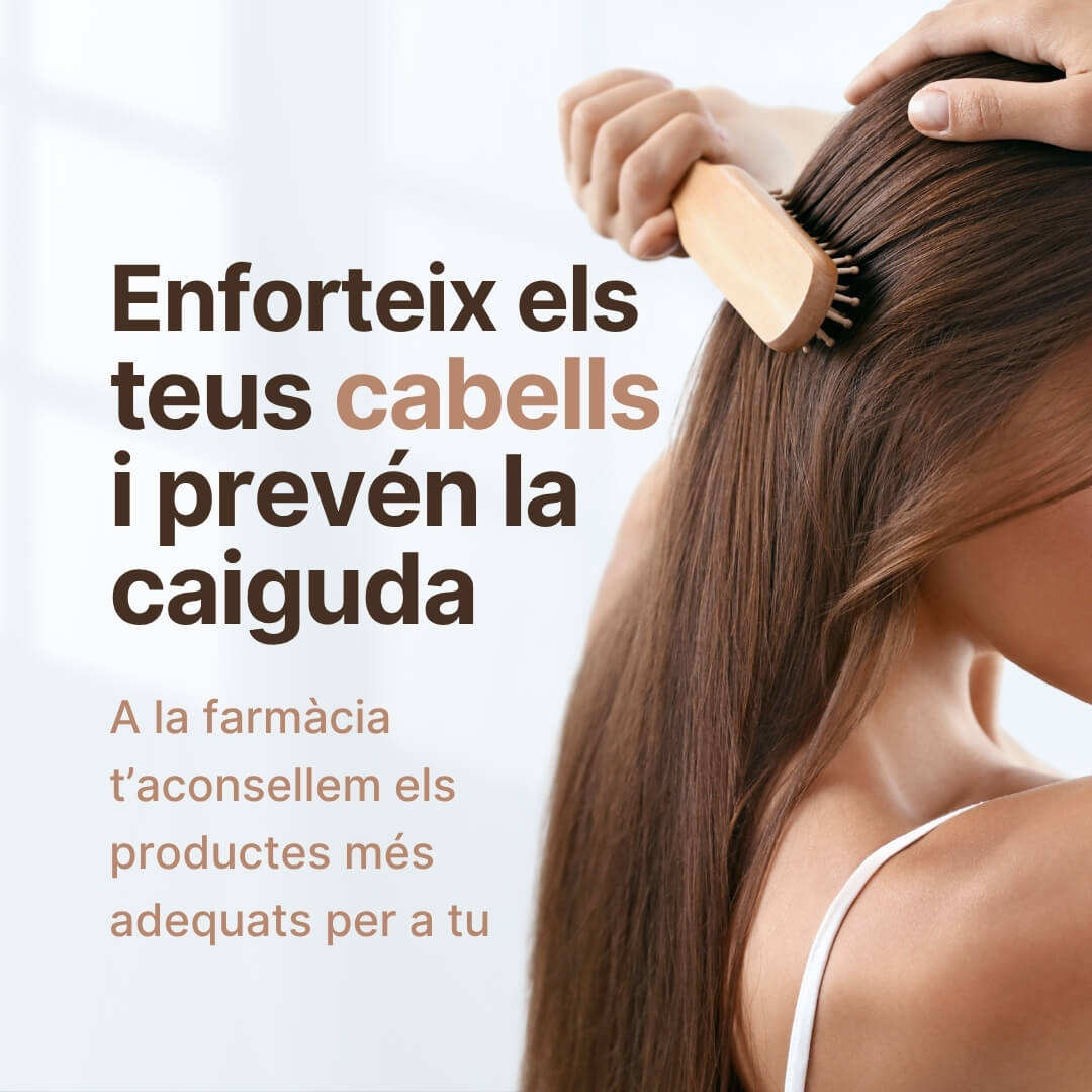 Enforteix els teus cabells i prevén la caiguda Enforteix els teus cabells i prevén la caiguda. A la farmàcia t’aconsellem els productes més adequats per a tu.
